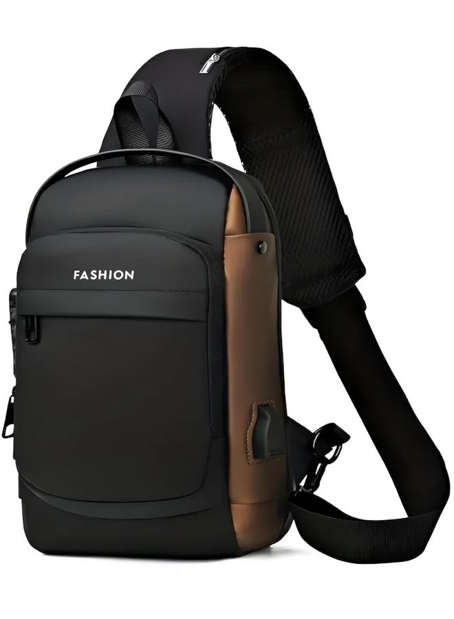 ASTER APPARELS Waterproof Polyester Slim Unisex Crossbody Sling Bag Chest Backpack Men's Shoulder Bag, Leisure Travel Handbag, Hard Shell Anti-Theft Chest Bag (Black&Golden) - Image 1